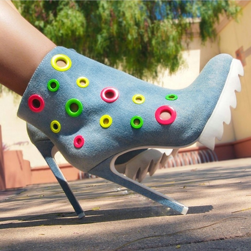 Privileged Midway Eyelet Bootie Denim Heels White